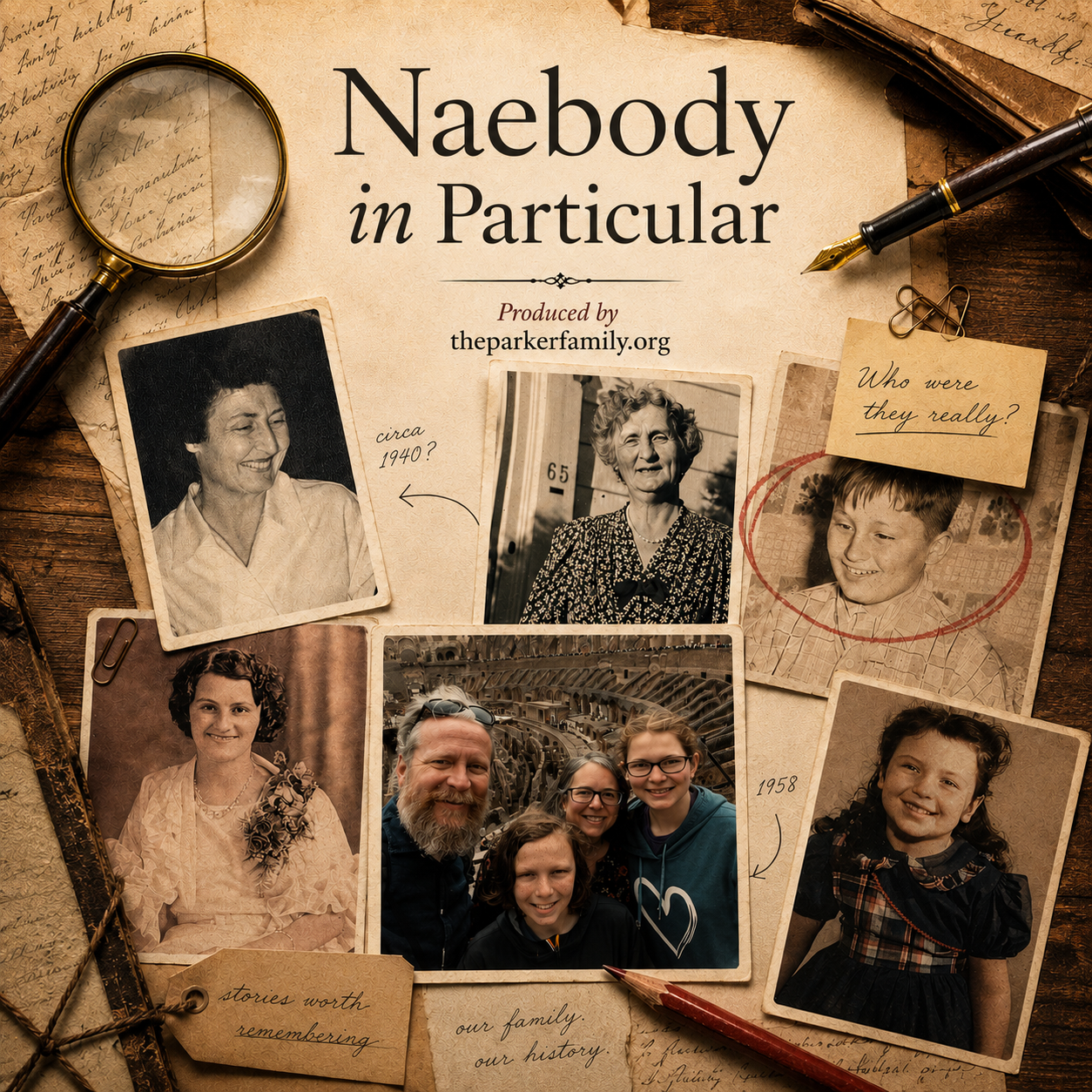 Naebody in Particular podcast cover: a collage of old family photographs, handwritten letters, a magnifying glass and a fountain pen